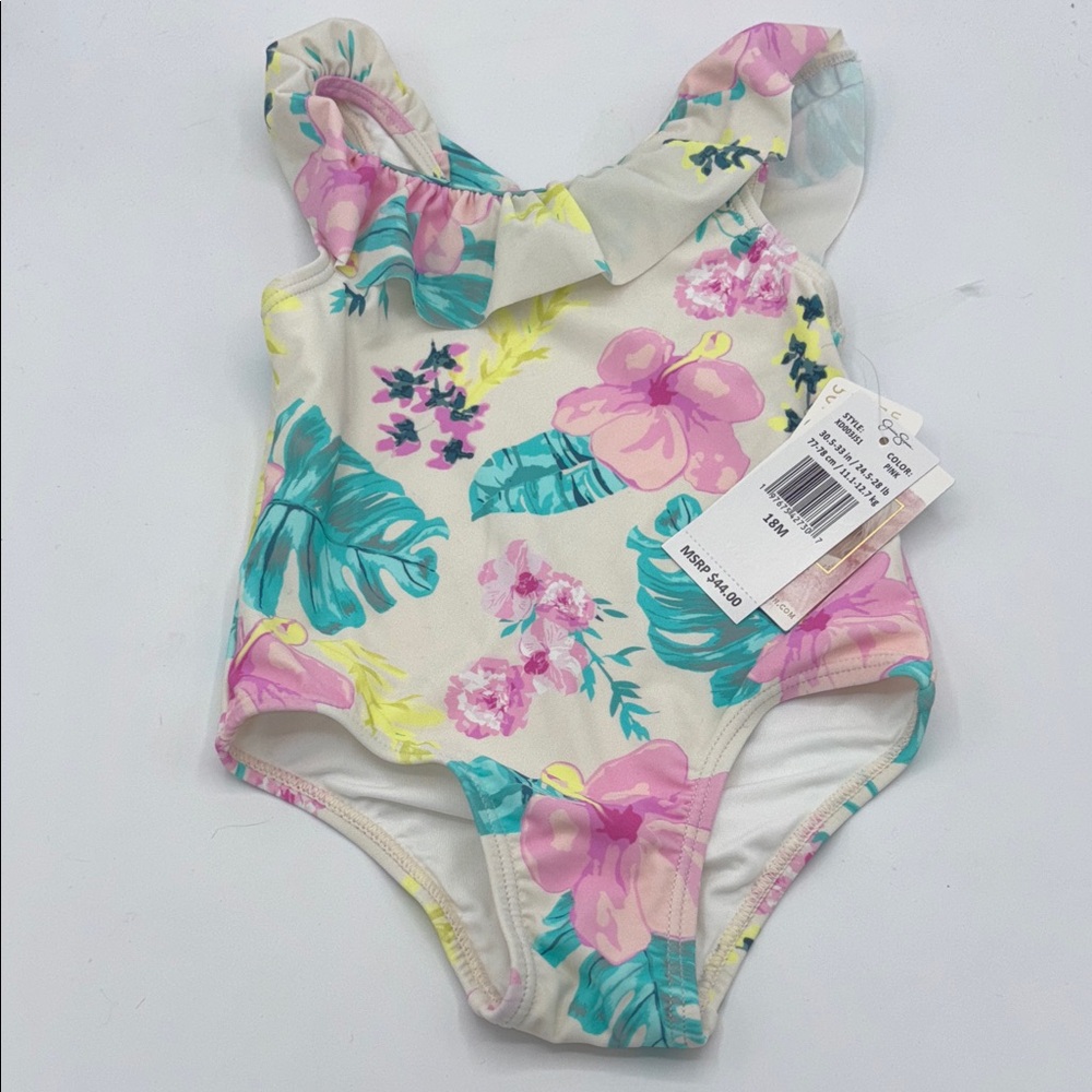 Jessica Simpson Pink and Yellow Floral Kids Swim One Piece size 18M